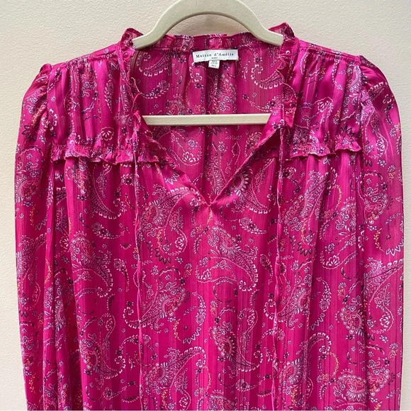 Anthropologie Maison d’Amelie Floral Pink Tie Neck Long Sleeve Blouse Size Small - Picture 2 of 8